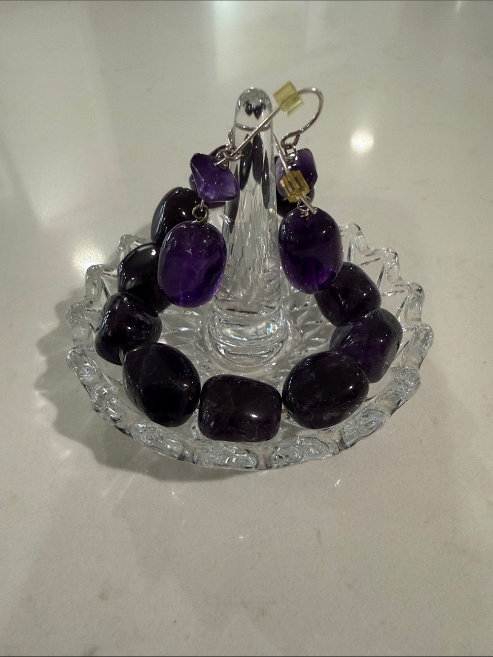 Amethyst Bead Stretch Bracelet with Matching Drop Earrings - Purple
